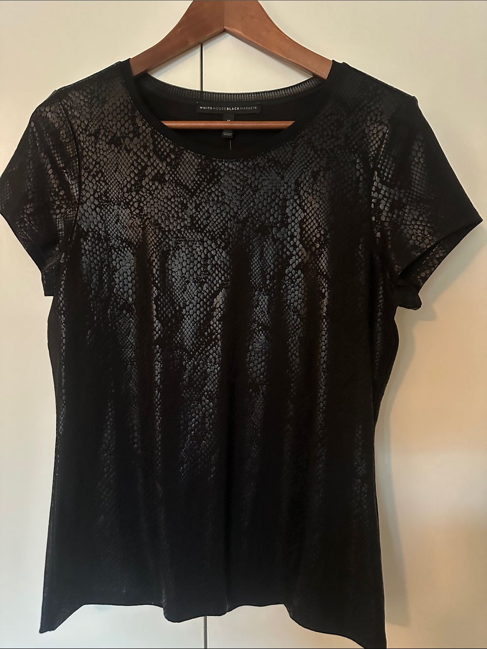White House Black Market Black Short Sleeve Tee with Subtle Snake-Print Sheen